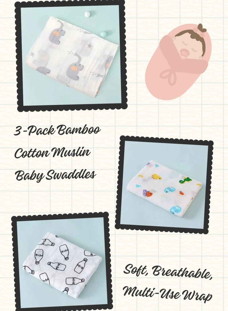 Anami 3-Pack Bamboo Cotton Muslin Baby Swaddles – Soft, Breathable, Multi-Use Wraps for Newborns (110x110cm) - Image 1